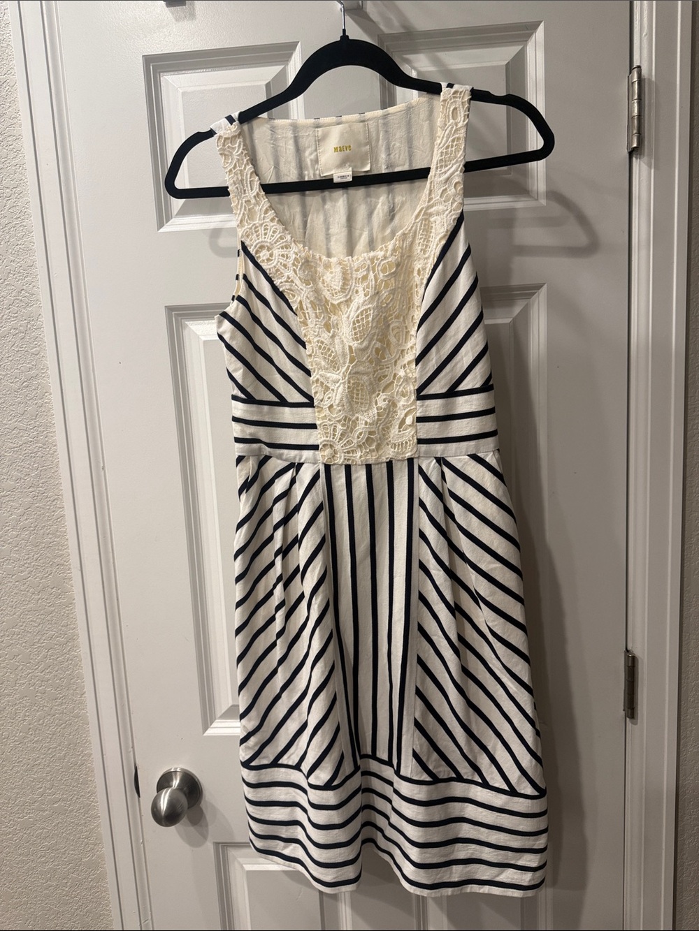 Maeve Anthropologie Chessia Striped Crochet Lace Pocket Dress White Navy